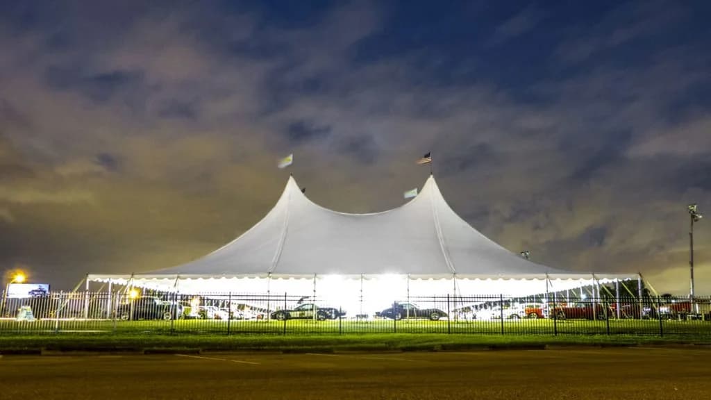 Pole Tent lit up at night